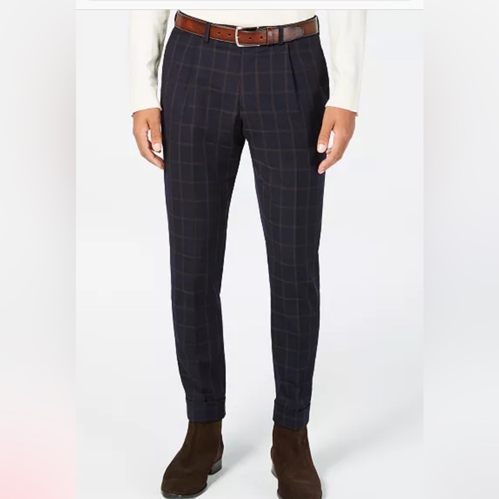 TALLIA MENS SLIM FIT Cropped Wool Pants Windowpane Navy/ Brown.